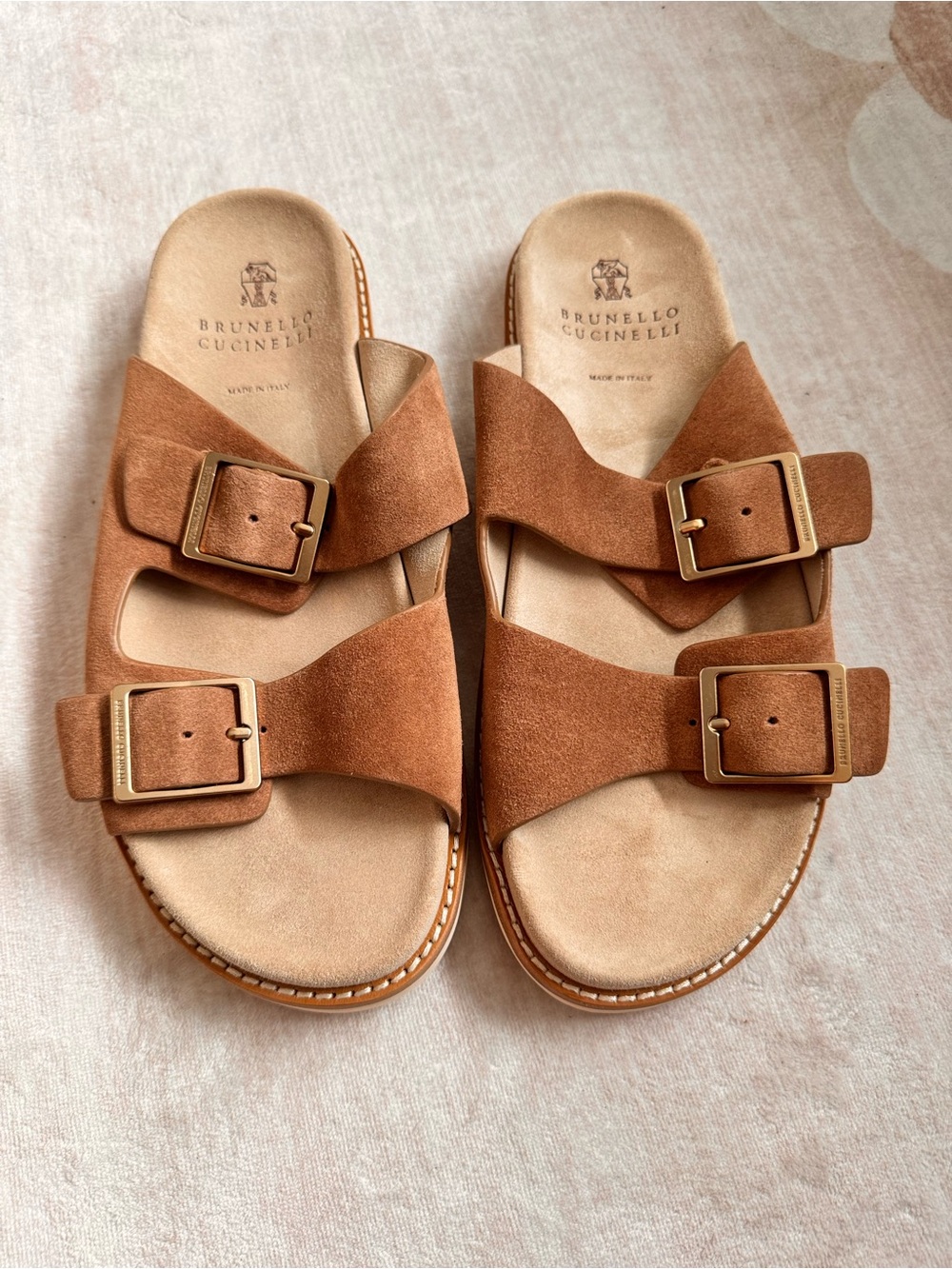 Brunello Cucinelli Suede Slide Sandals in Tan